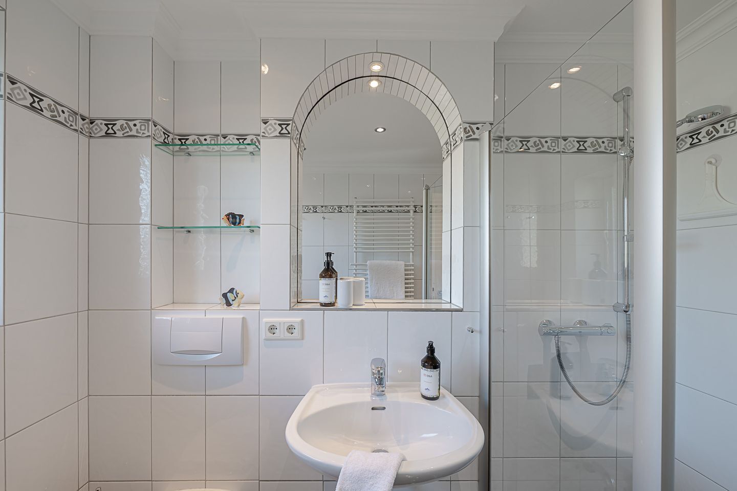 Shower, hair dryer, soap