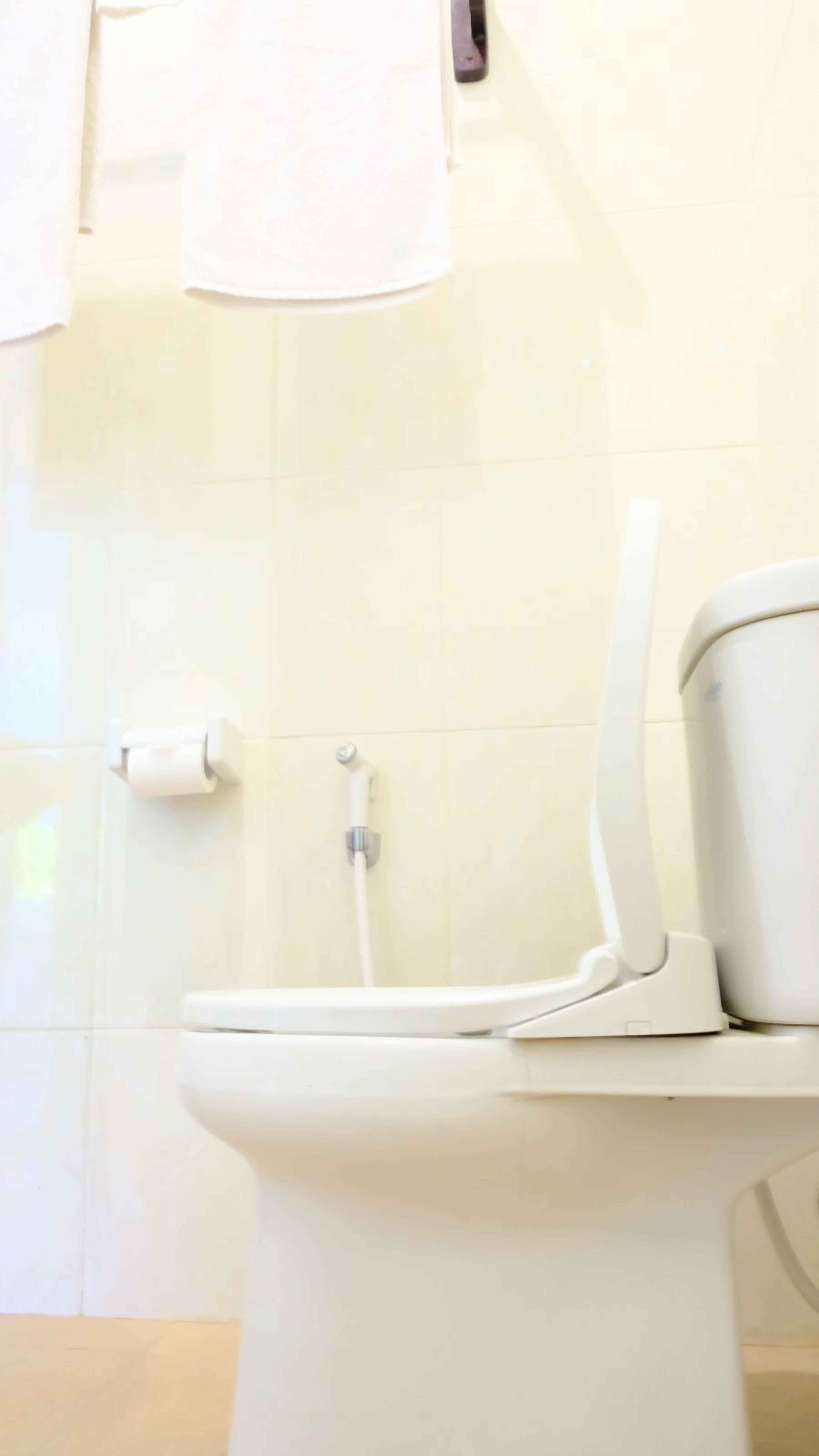 A toilet with a bidet attachment, a toilet paper holder, and a towel hanging on a rack.