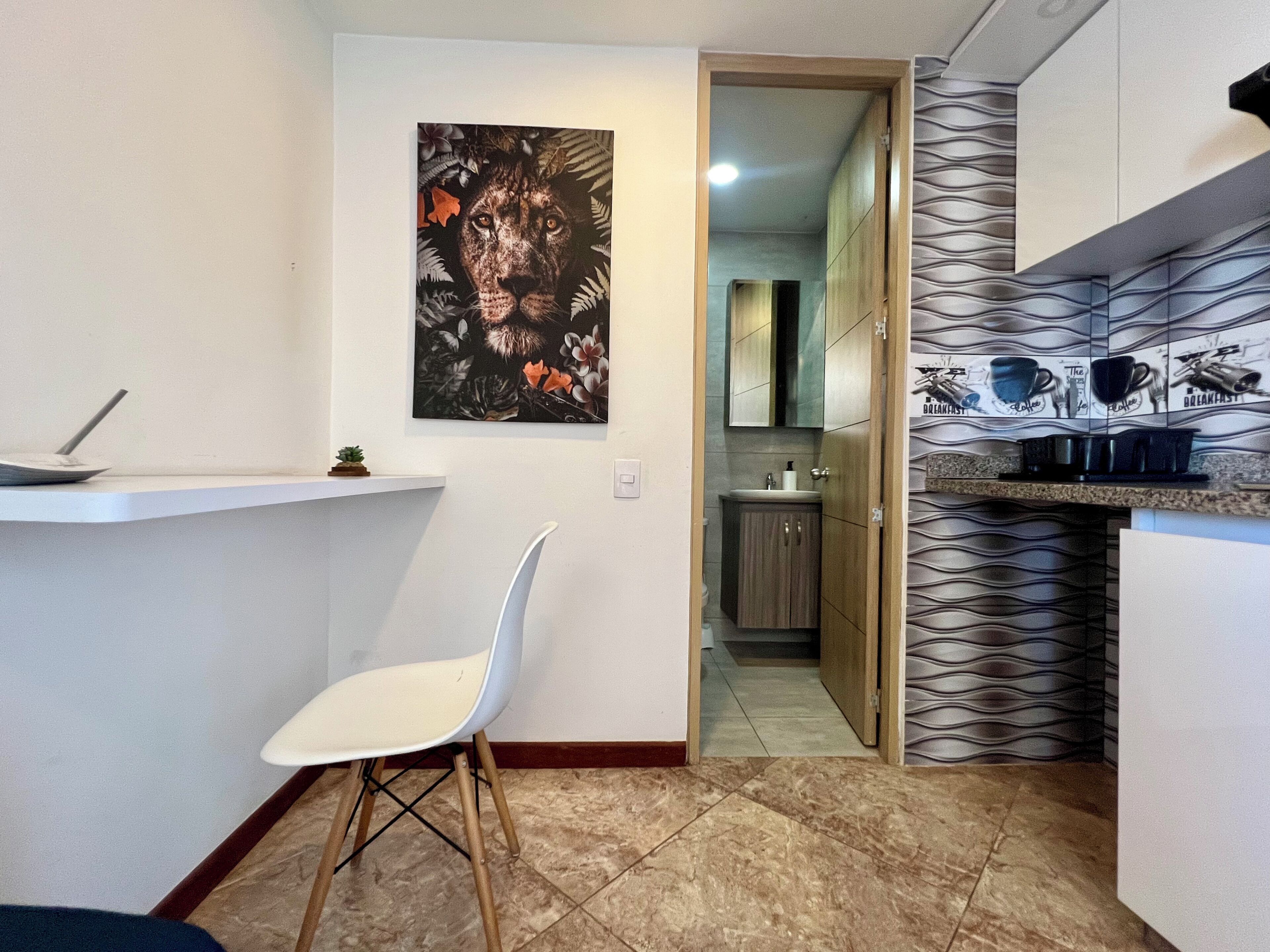 Cocina compacta con encimera blanca, un lavamanos y un mueble. Hay una silla con asiento blanco y patas de madera. En la pared, un cuadro de un león.