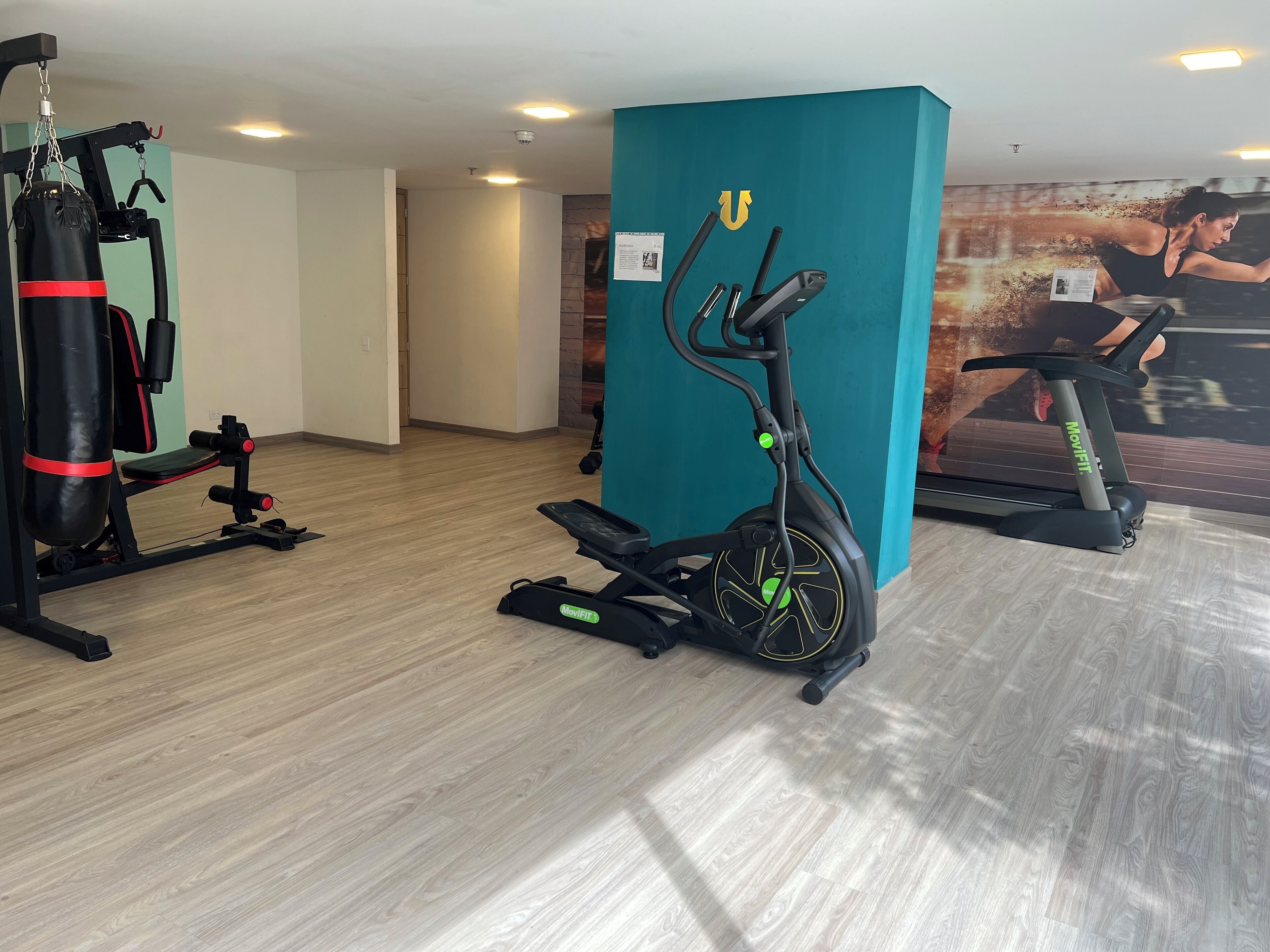 Ein Fitnessraum mit Cardiogeräten, einem Boxsack und einem Laufband.