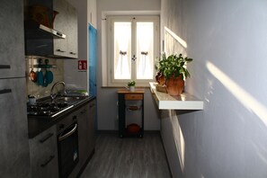 Fridge, oven, stovetop, coffee/tea maker