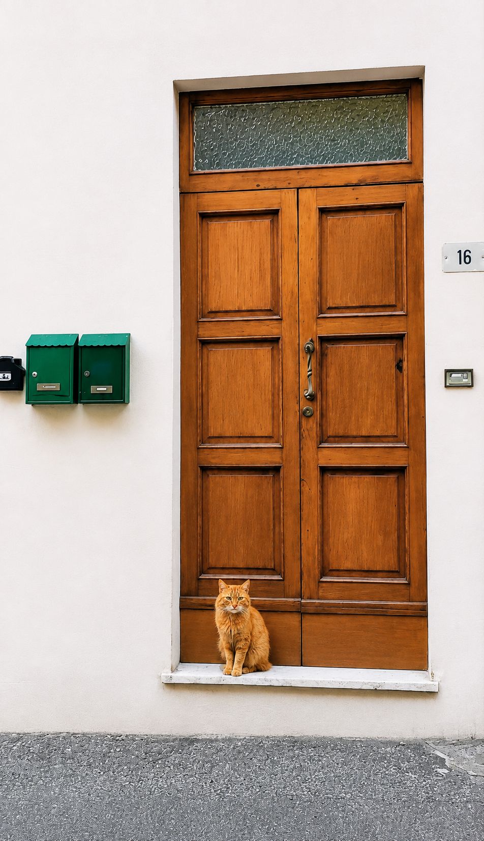 A wooden double door with a cat sitting in front, a mailbox, and a house number.