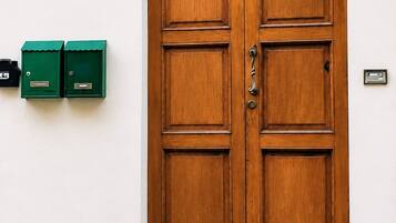 A wooden double door with a cat sitting in front, a mailbox, and a house number.