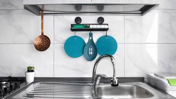Una cucina moderna con un lavandino in acciaio inossidabile, una selezione di pentole e padelle, e una piccola pianta in vaso.