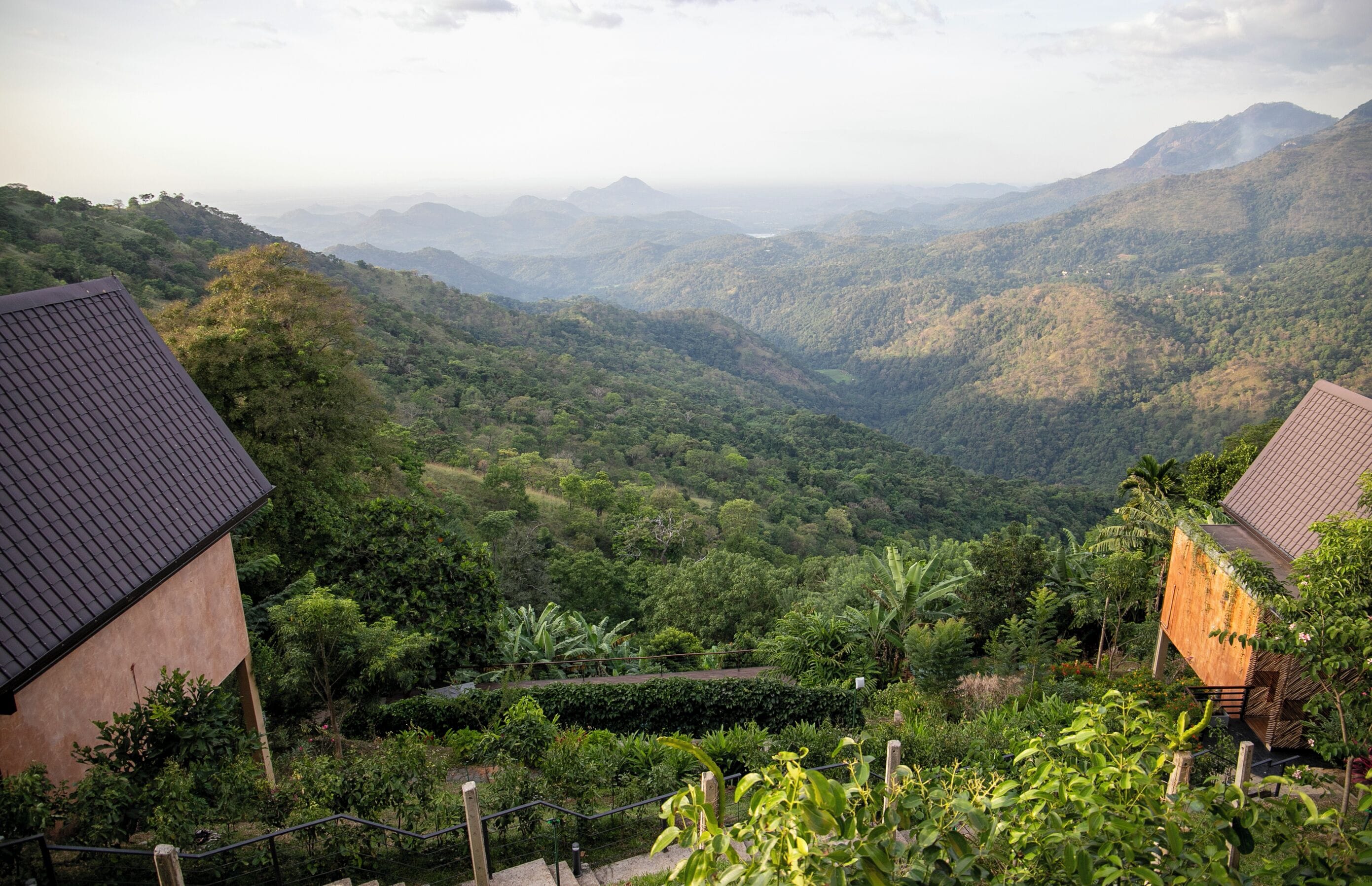 A view of a lush valley with a house featuring a dark roof and a light-colored wall.