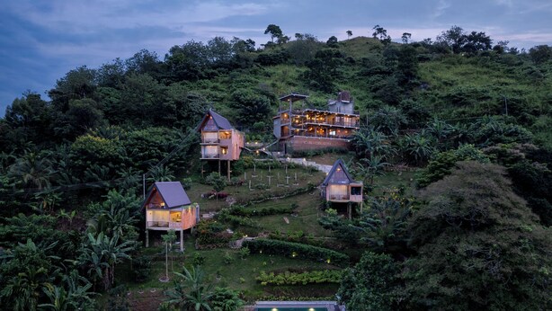 A hillside property with multiple wooden houses, a swimming pool, and lush greenery.