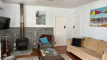 Smart TV, fireplace, DVD player, books