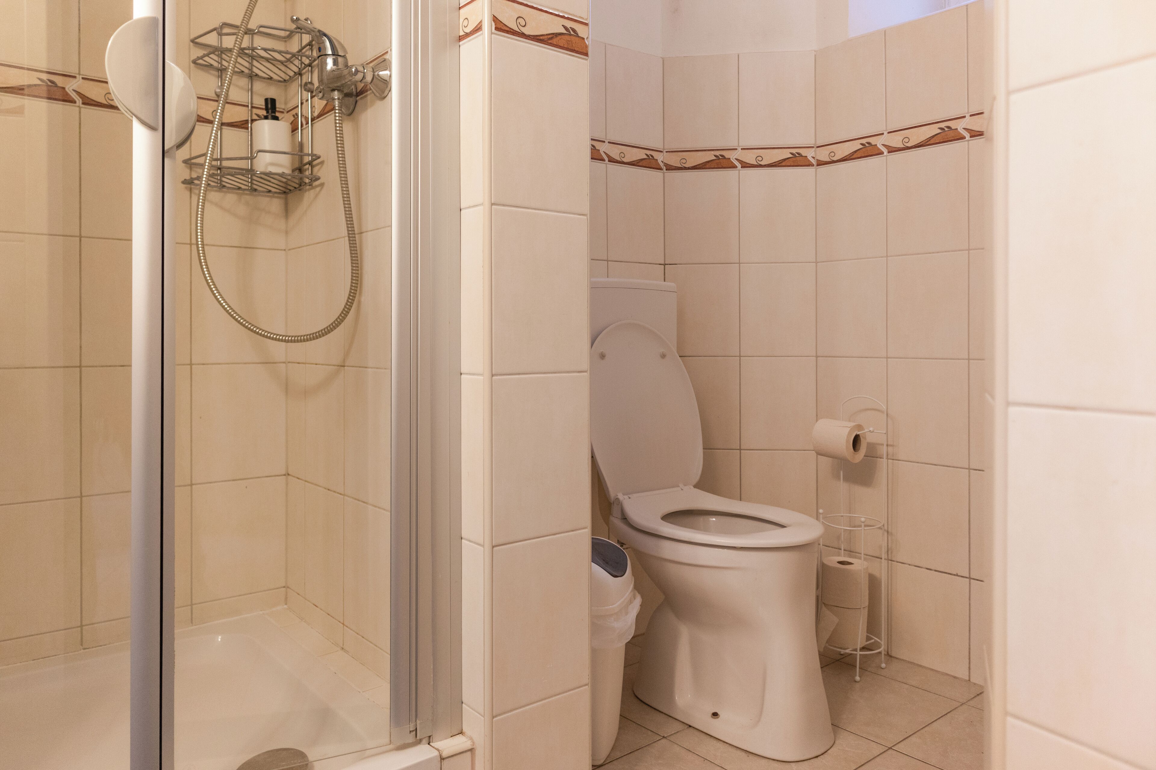 A bathroom with a glass-enclosed shower, a toilet, and a paper towel holder.