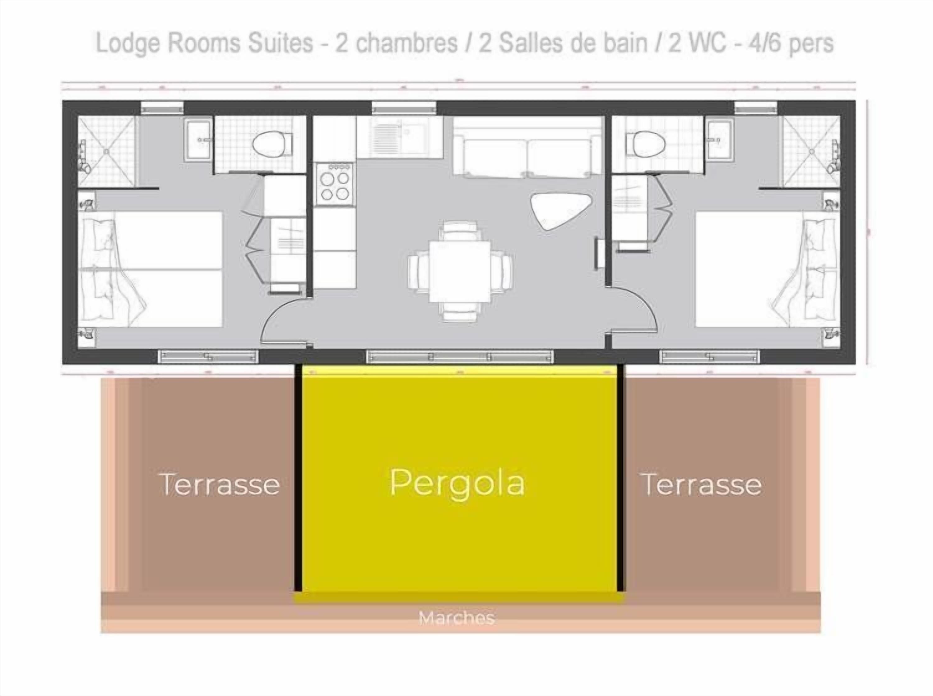 Grundriss einer Lodge-Suite mit 2 Schlafzimmern, 2 Bädern und 2 separaten Toiletten, geeignet für 4-6 Personen.