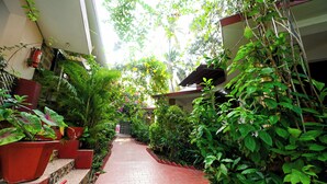 A narrow brick pathway flanked by lush greenery and potted plants, leading to a building entrance. - Harbor Court Vagator (Vagator)