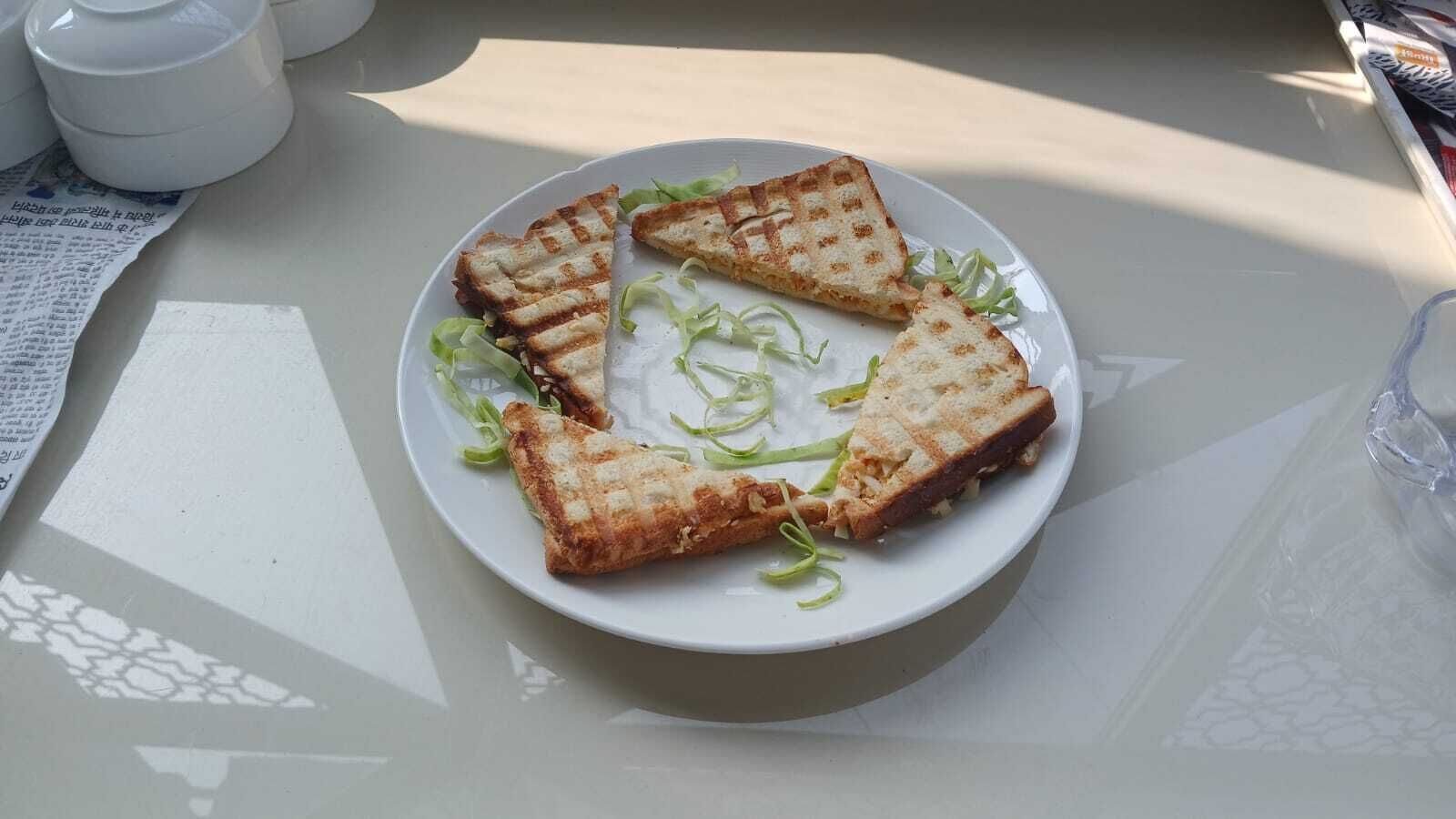 A plate of grilled sandwiches on a table.
