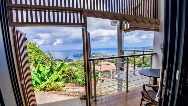 A balcony with a view of the sea and greenery.