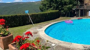 Una piscina con cubierta de piedra, rodeada de flores rojas y vista a una ladera boscosa.