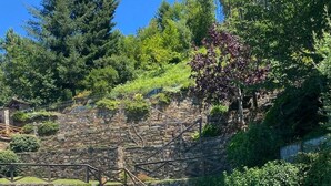 Una piscina con escalones de piedra que conducen a una terraza de madera, rodeada de vegetación exuberante y un muro de piedra.