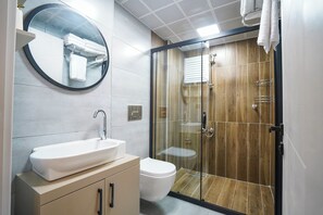 Economy Basement Apartment | Badeværelse | Bruser, gratis toiletartikler, hårtørrer, hjemmesko