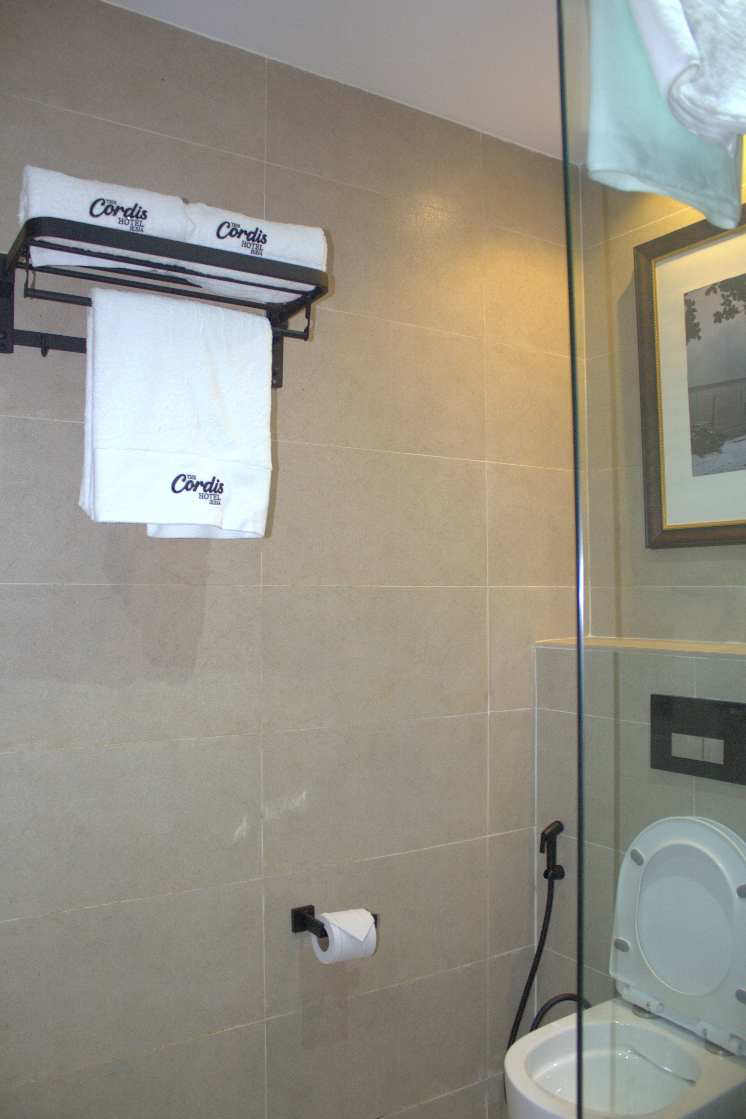 A bathroom with a toilet, a towel rack with a towel, and a framed picture on the wall.