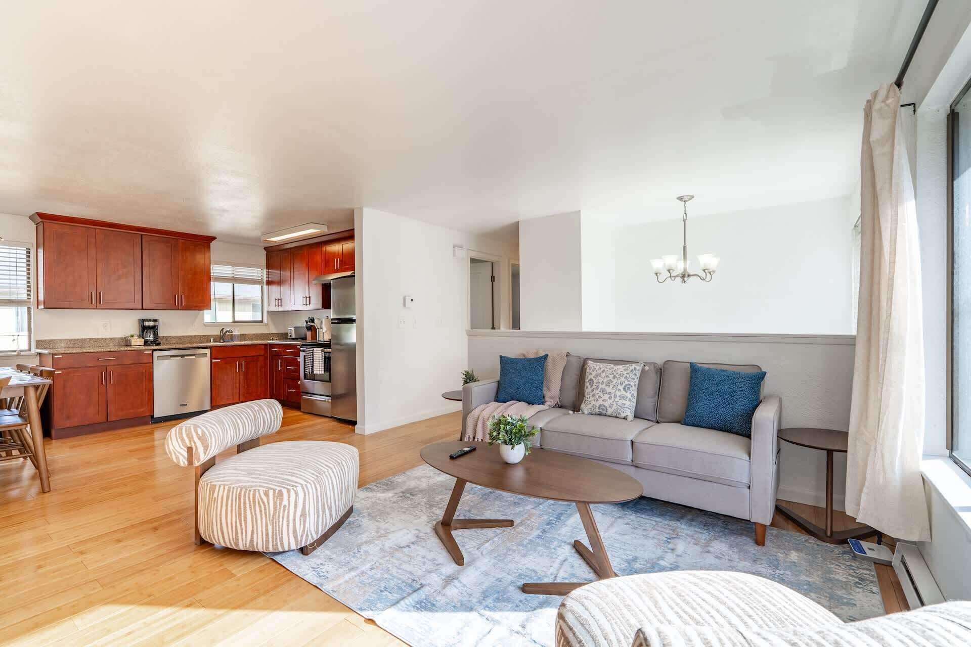 TV, fireplace, books, offices