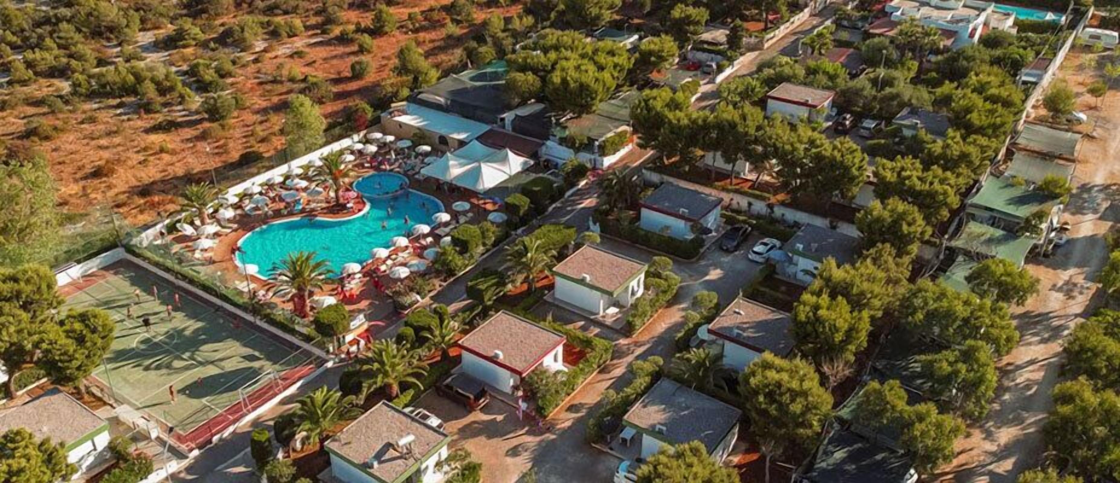An aerial view of a residential area with a swimming pool surrounded by houses and greenery.