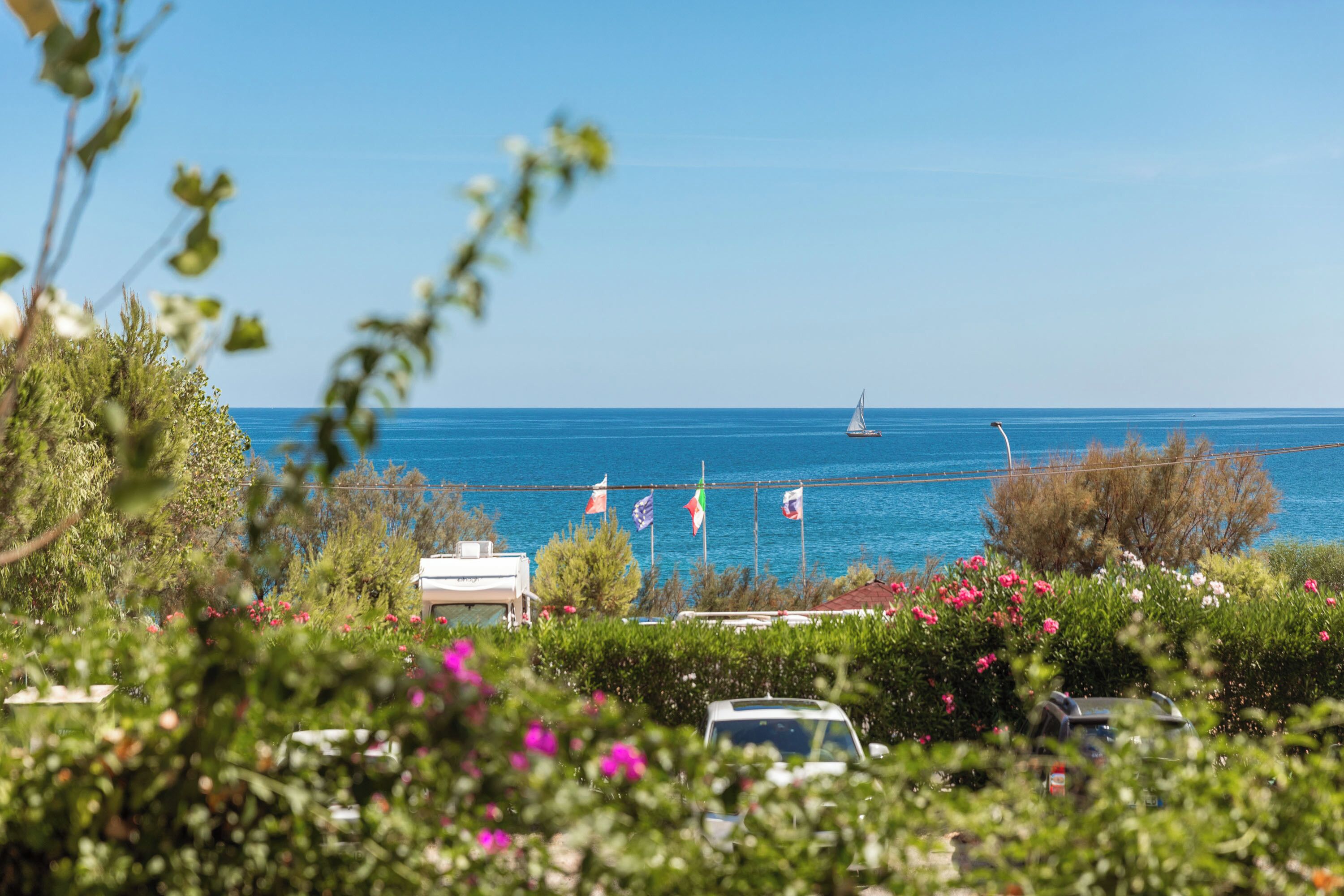 A coastal view with a sailboat on the water, flags, and greenery.