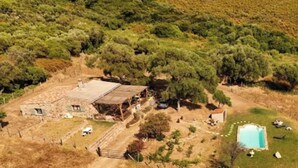 An aerial view of a rural property with a stone house, a swimming pool, and surrounding vegetation.