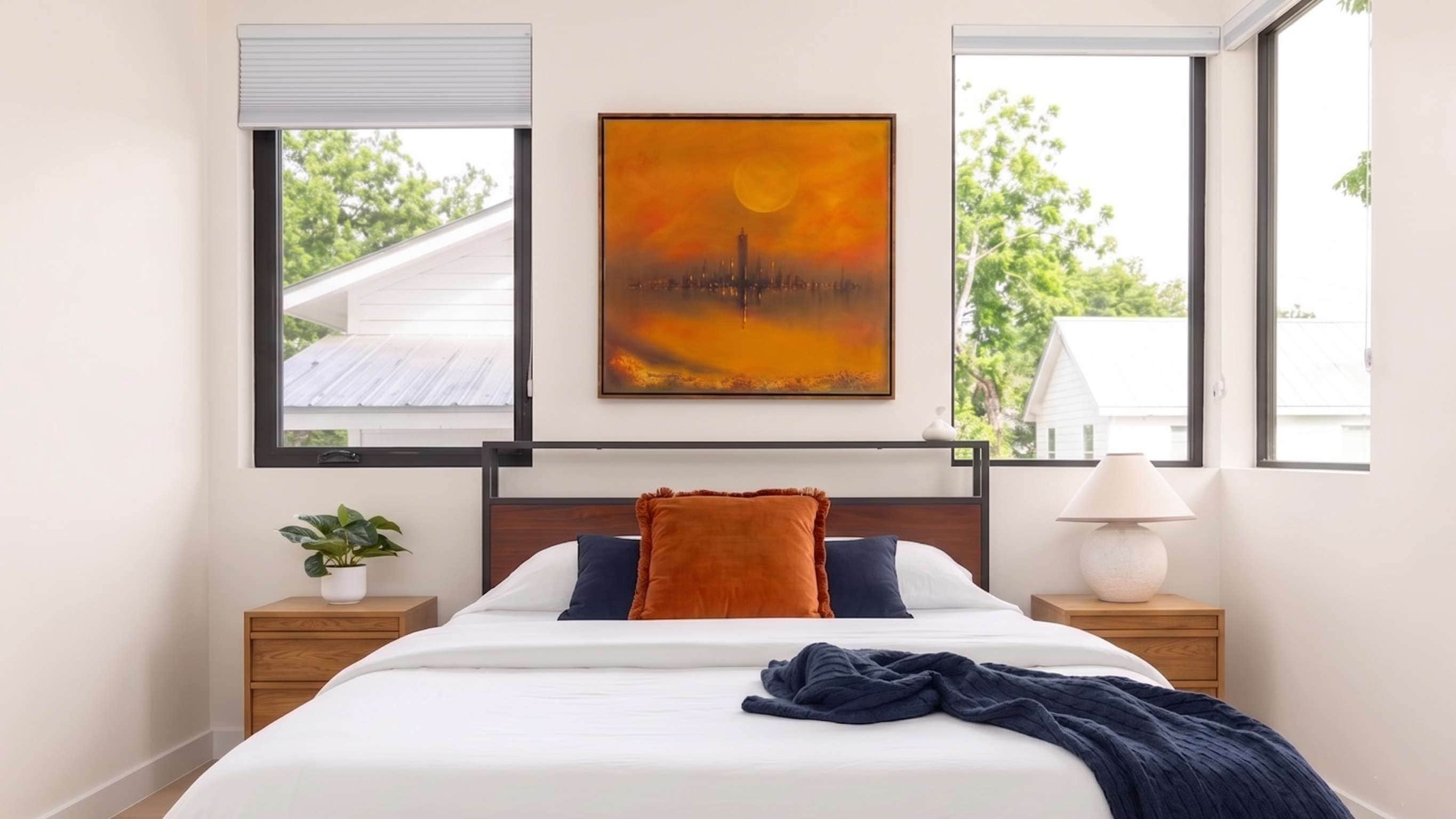 A bedroom with a bed, a nightstand, a lamp, a painting, and windows.