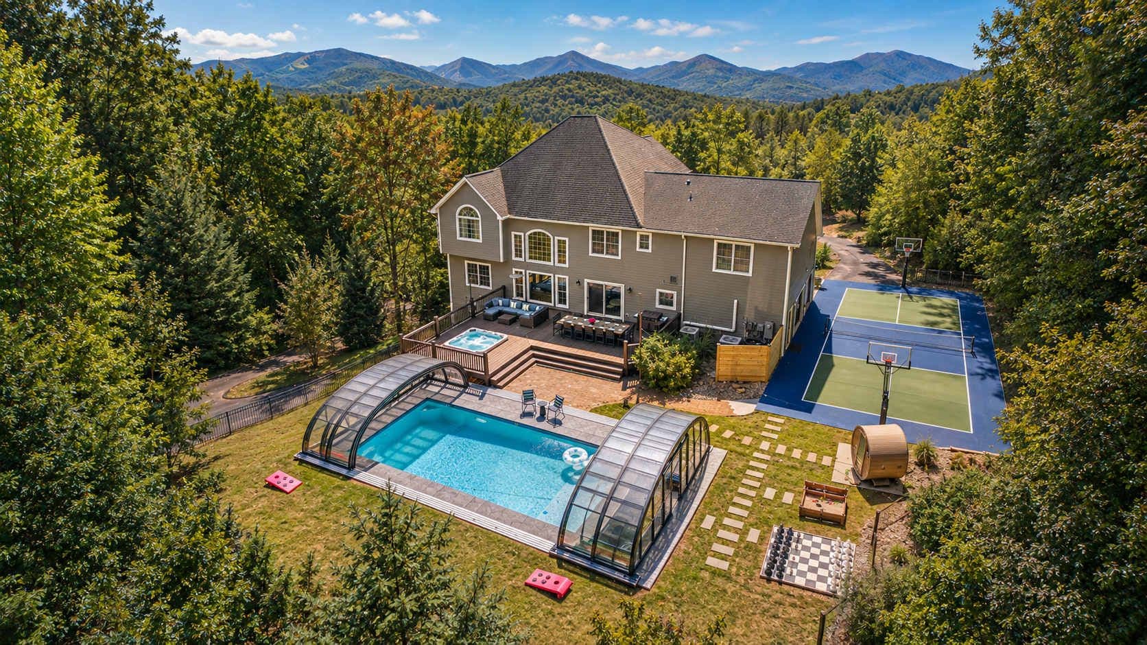 Play giant chess, soak in the hot tub, or swim under the cover.