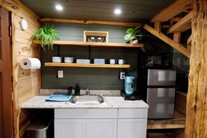 Fridge, microwave, oven, coffee/tea maker