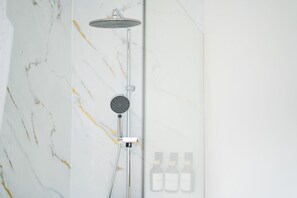 A shower with a handheld showerhead and a wall-mounted rain showerhead. - Central 1BR & 1LR-5min Walk to Gravensteen Castle (Ghent)