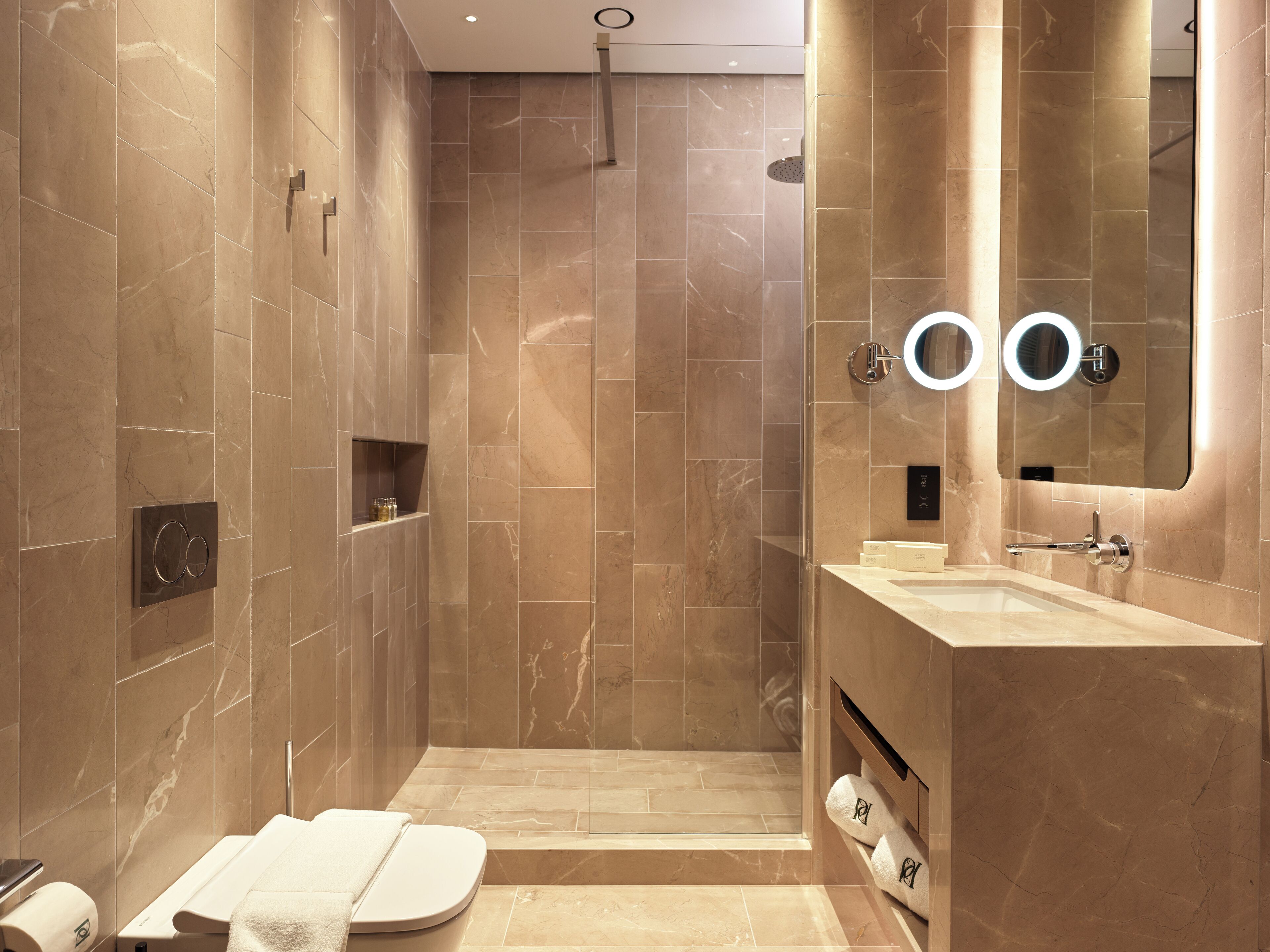 A modern bathroom with a walk-in shower, a vanity with a large mirror, and a toilet.