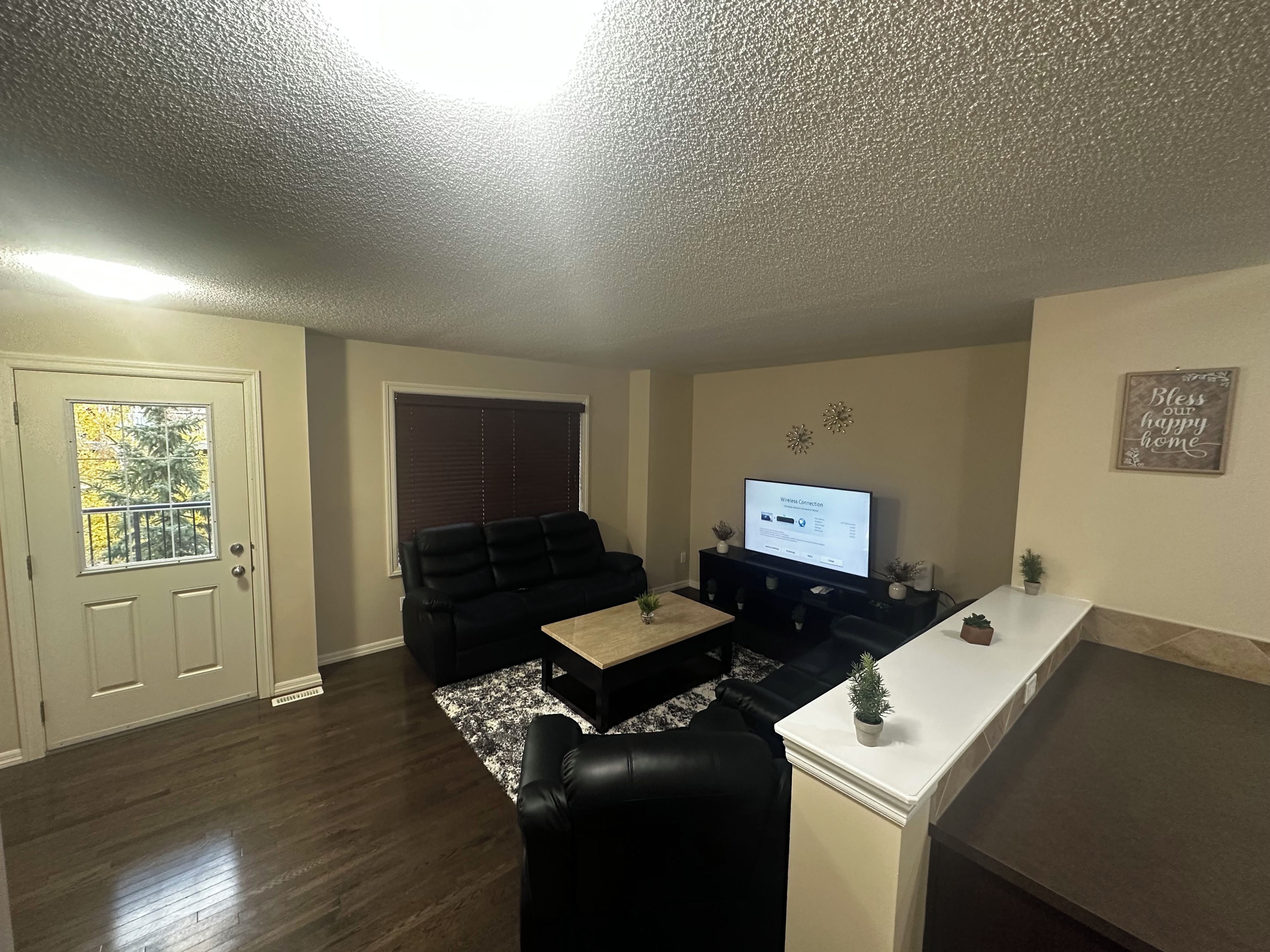 A living room with a black leather sofa, a coffee table, a TV on a stand, and a small plant on the counter.