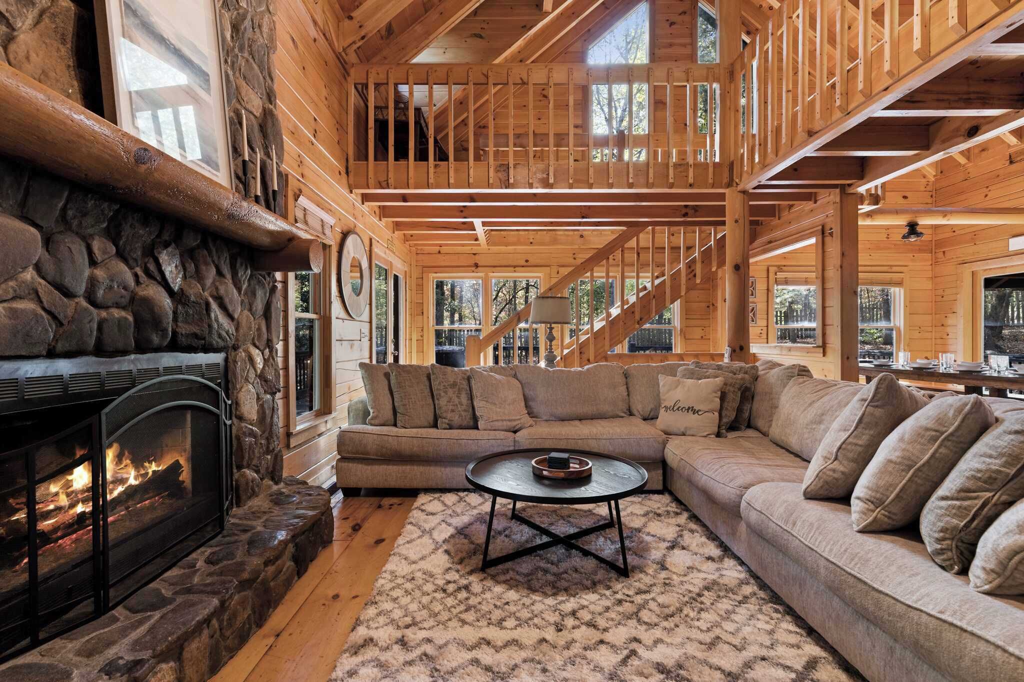 TV, fireplace, books, offices