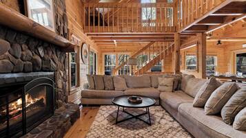 TV, fireplace, books, offices