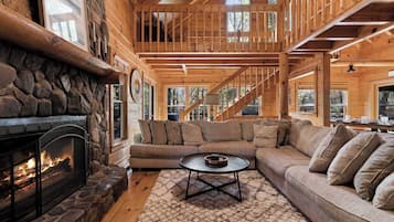 TV, fireplace, books, offices