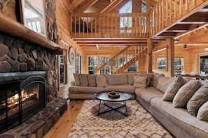 TV, fireplace, books, offices