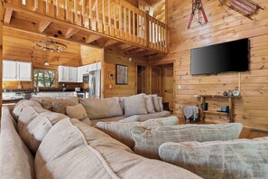 TV, fireplace, books, offices