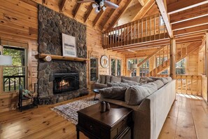 TV, fireplace, books, offices - Log Cabin by the Lake|Hot Tub, Fire Pit, Games (Blue Ridge)