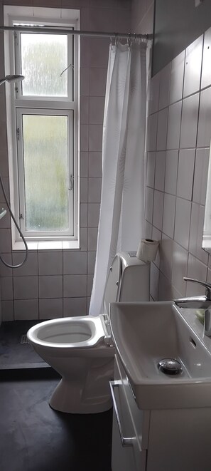 A bathroom with a toilet, a sink, a shower curtain, and a window with frosted glass. - GBH - Blue Lounge  (Aalborg)