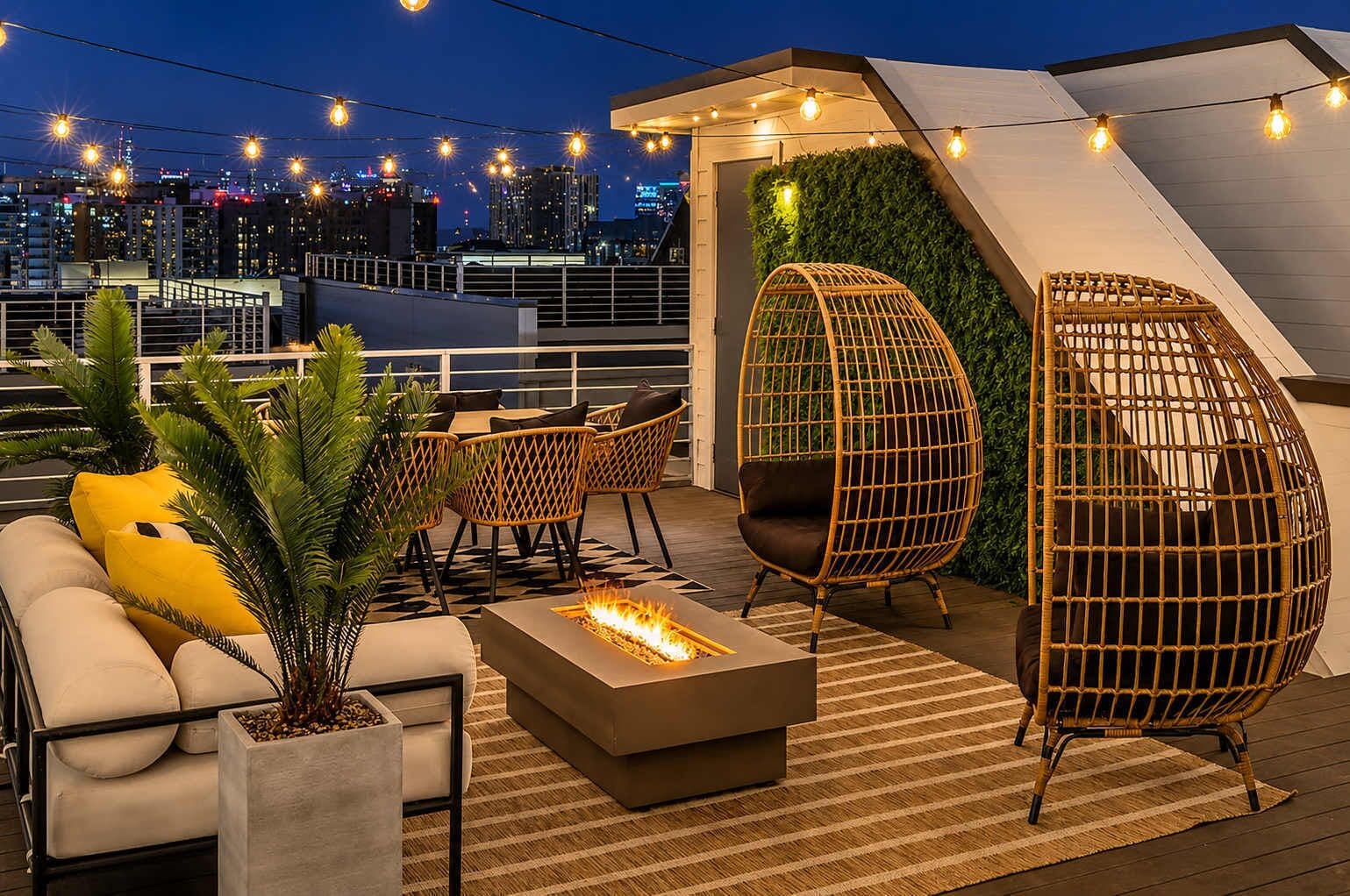A rooftop terrace with wicker chairs, a fire pit, and a view of the city skyline at night.