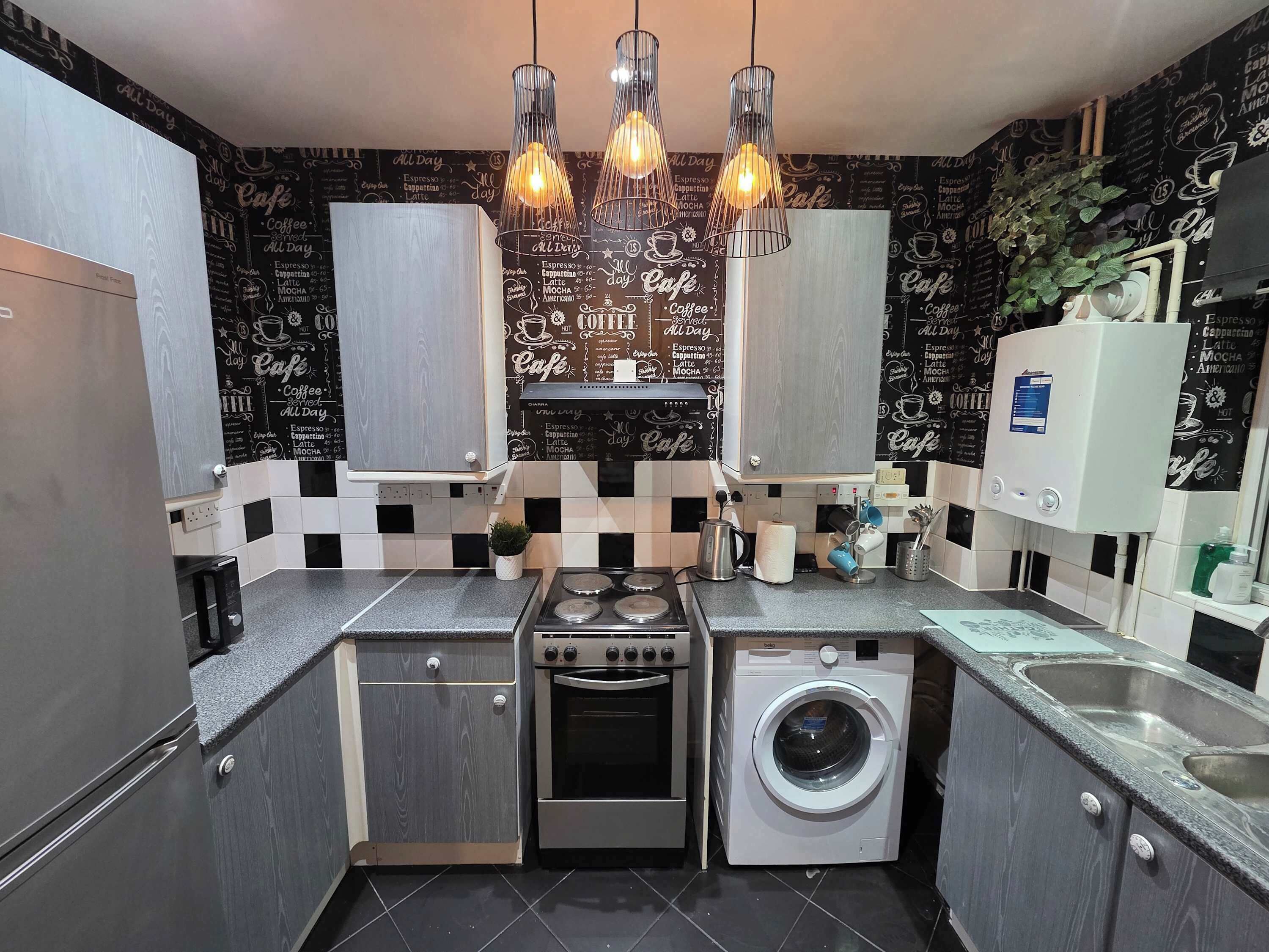 Fridge, microwave, oven, stovetop