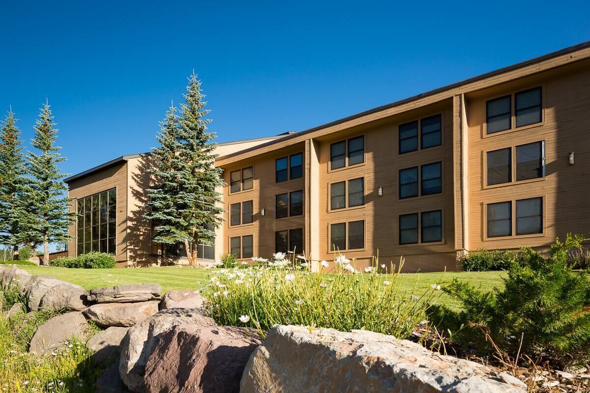 A modern building with multiple windows and a well-maintained lawn with rocks and white flowers.
