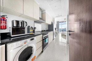 Fridge, microwave, oven, stovetop