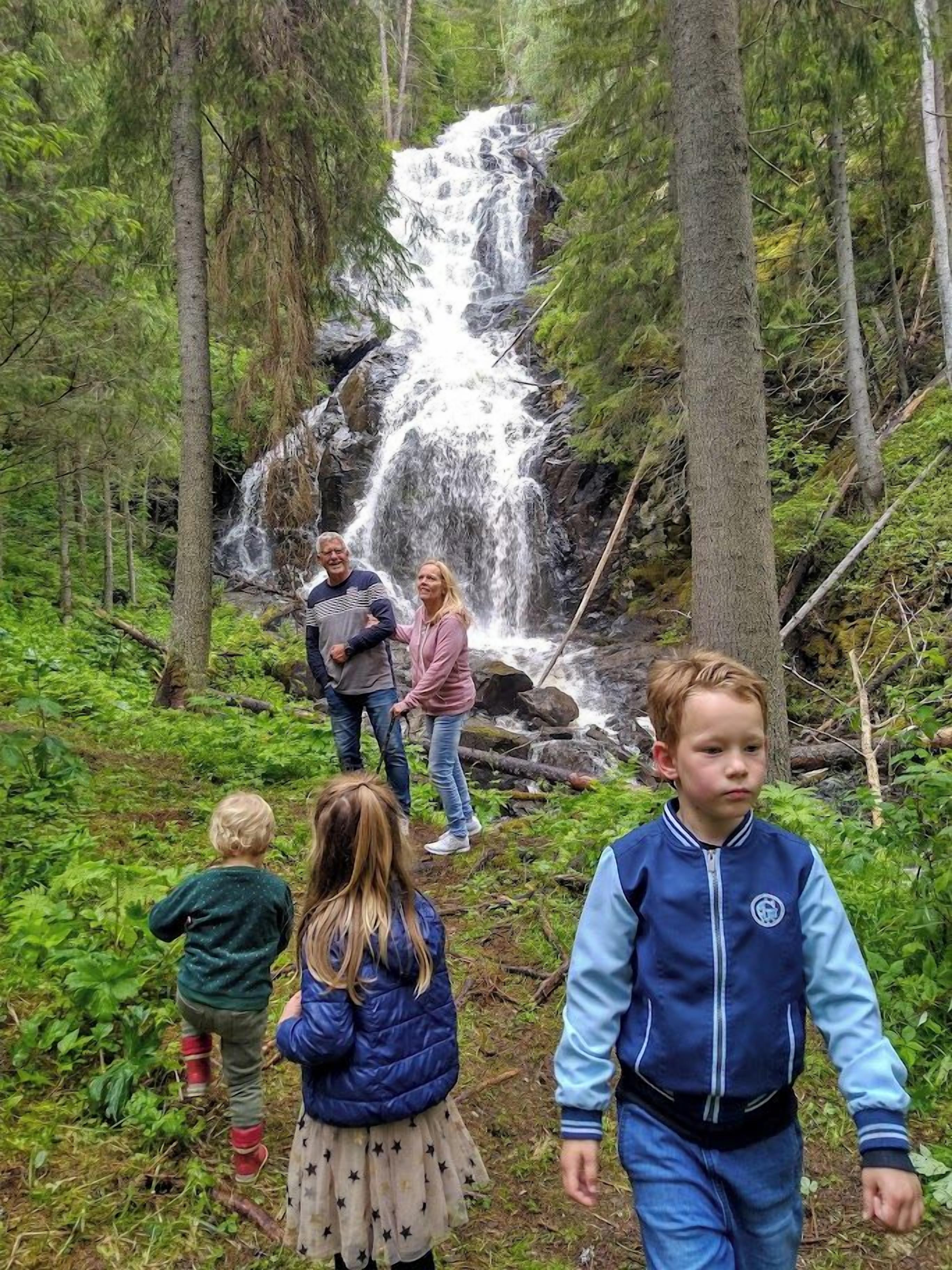 A family walking towards a waterfall in a forested area.