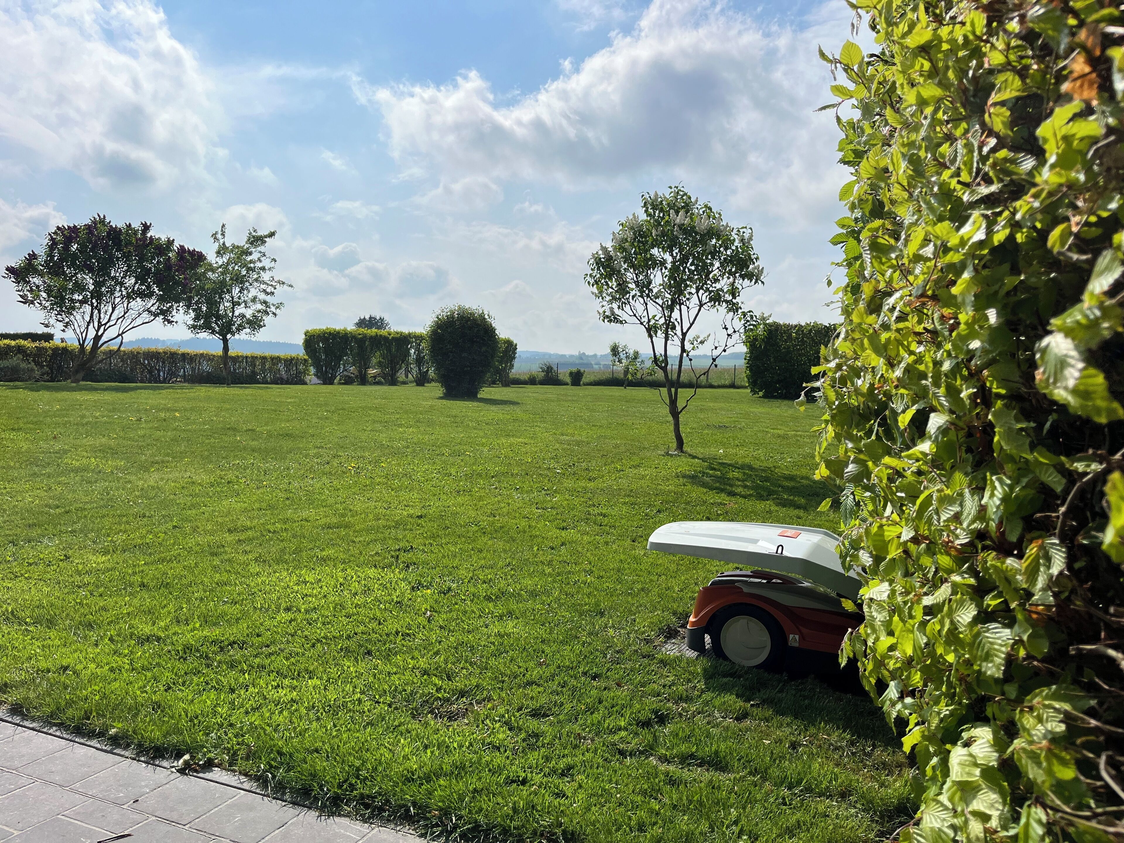 A well-maintained lawn with a lawnmower and a hedge in the foreground.