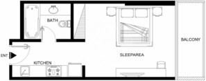 A floor plan with a kitchen, bathroom, and balcony. - Stayshort - Damac Hills Sleeps 2 Near Golf Courses (Dubai)