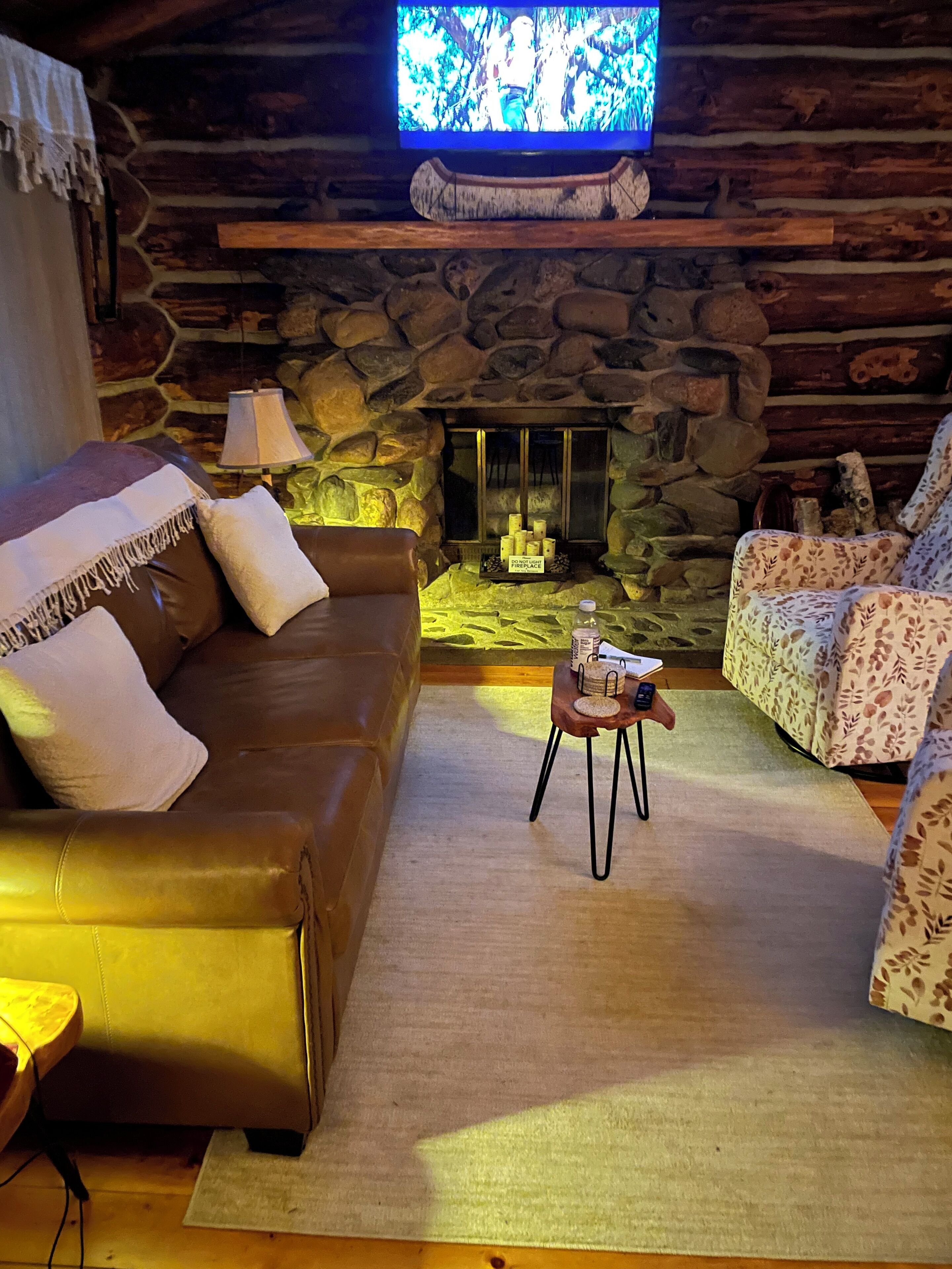 Smart TV, fireplace, books