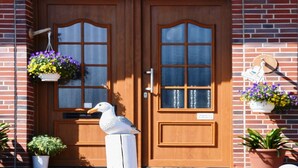 A double wooden door with a number '2' sign above it, flanked by hanging flower baskets and potted plants. - Ferienwohnung Balkon zur Sonnenseite in Bensersiel (Bensersiel)