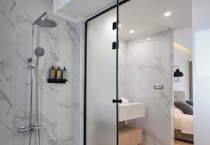 Shower, hair dryer, towels, shampoo
