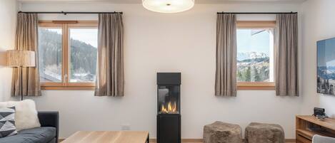 A modern living room with a fireplace, a sofa, a coffee table, and a view of a snowy mountain landscape.