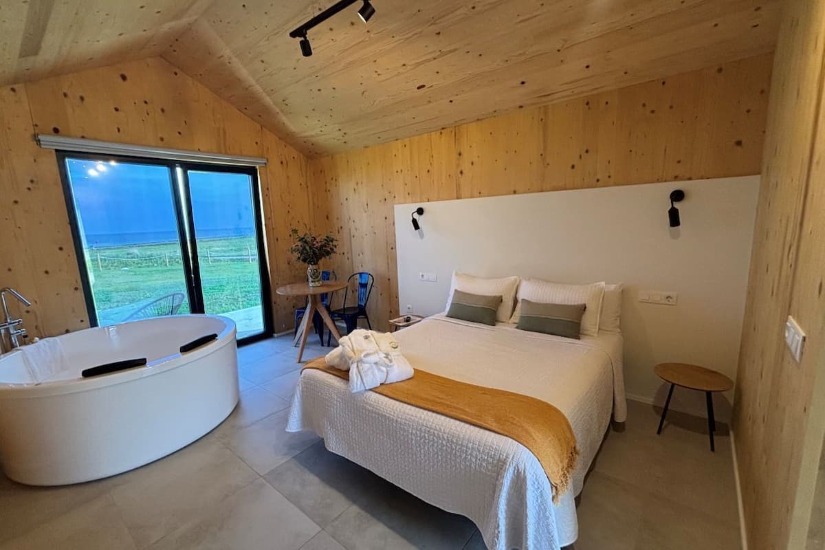 A modern bedroom with a large bed, a bathtub, and a view of the outdoors.