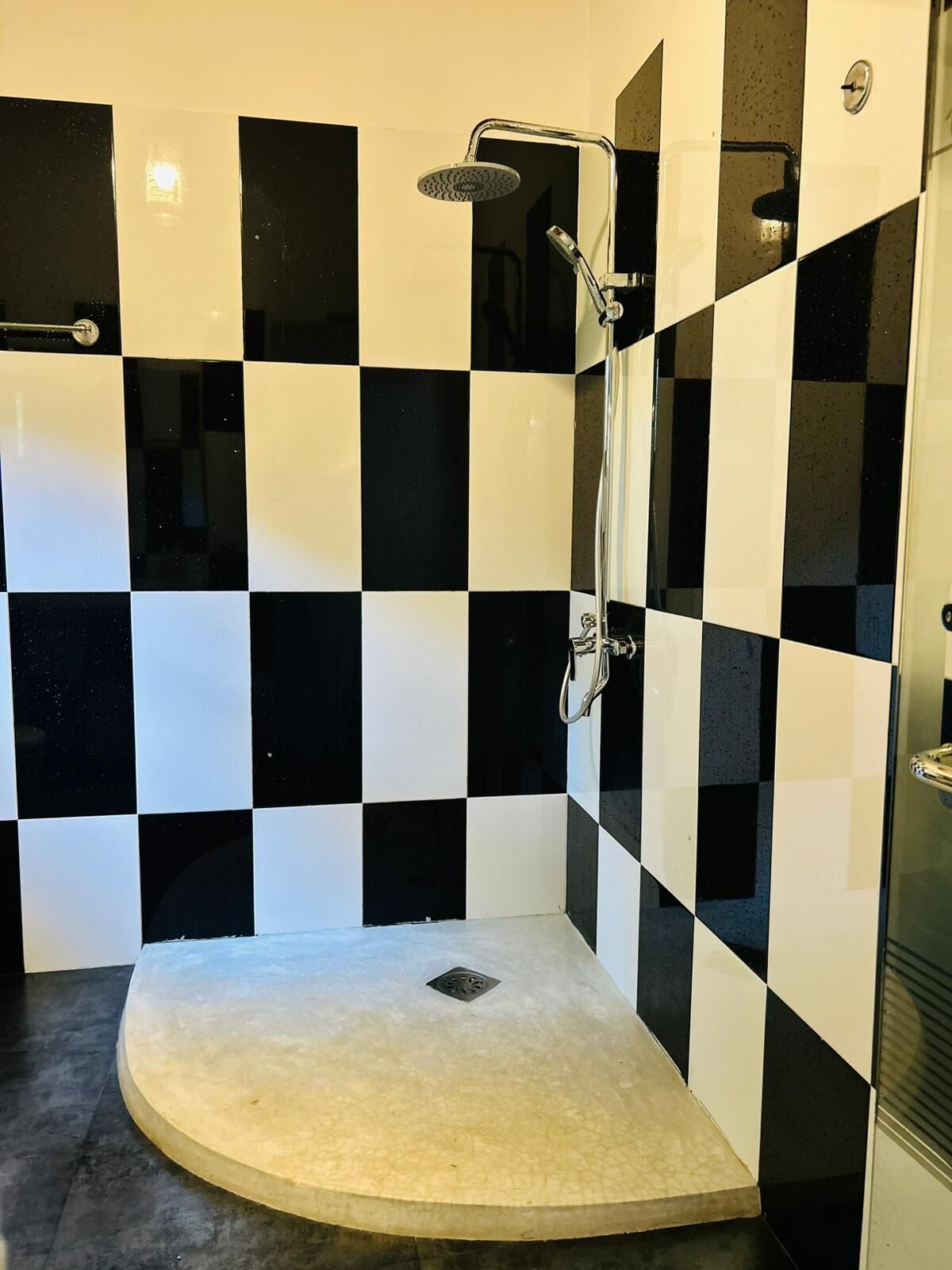 A shower with a checkered black and white tile wall, a glass door, and a showerhead.
